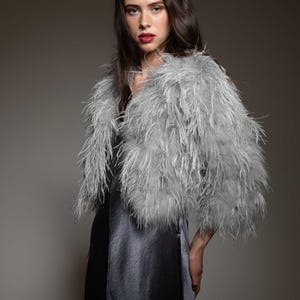 Puede incluir: Una mujer con un boa de plumas gris sobre un vestido de satén gris.