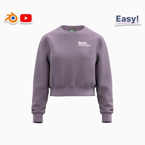 May include: A cropped, mauve-colored sweatshirt with long sleeves. The text "Brand Mockups" is printed in white on the chest. The word "Easy!" is in a white box in the upper right corner. A Blender and YouTube logo are in the upper left corner.