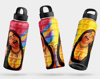 May include: Three water bottles with black lids and bases. Each bottle features a vibrant illustration of a woman with her tongue out. The background has a colorful design with the name "Billie" repeated.