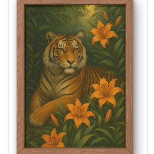 Decorazione murale con tigre e giglio - Stampa botanica con gatto della giungla - Maestosa pittura di fauna selvatica per gli amanti della natura - Illustrazione di tigre in stile vintage