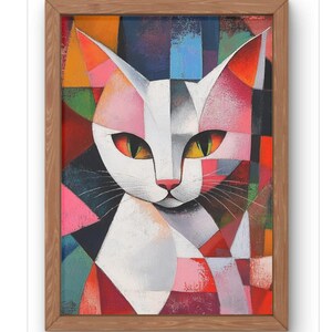 Stampa artistica da parete con gatto cubista - illustrazione astratta di un felino moderno rosso e rosa, opera d'arte unica ispirata a Paul Klee, perfetta per gli amanti dei gatti