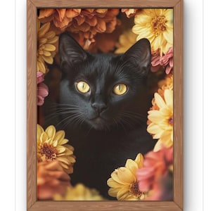 Schwarze Katze im Herbst, Moody Fine Art Fotografie Druck für Katzenliebhaber. Erhältlich von A5- A1 Cute Feline in Flowers