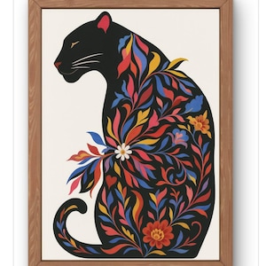Floral Panther Wall Art - Folk Art Black Cat Print- Botanical Jungle Cat Illustration- Whimsical Boho Animal Decor for Nature Lovers