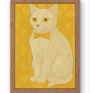 Stampa artistica geometrica di gatto giallo - Illustrazione astratta moderna di felino - Elegante decorazione da parete con gatto con papillon. Disponibile in formato A5-A1