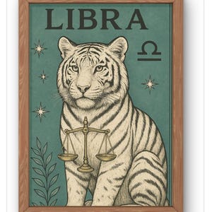 Arte murale con il segno zodiacale della Bilancia - Stampa astrologica del gatto selvatico - Regalo Bilancia per lui o per lei - Poster del grande felino celeste - Decorazione del segno d'aria - Disponibile in formato A5-A1