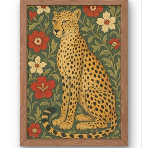 Elegante decorazione murale con ghepardo - Stampa floreale vintage con motivo giungla, decorazione per la casa con gatto selvatico