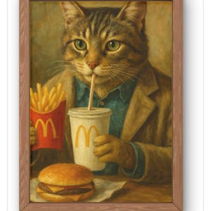 Stampa artistica di gatto divertente che mangia fast food - Gatto stravagante in abito che beve soda - Arte murale meme in stile vintage - Poster di hamburger e patatine fritte - Disponibile in formato A5-A1