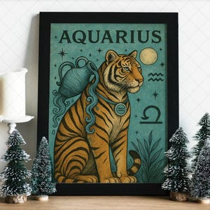 Decorazione murale con segno zodiacale dell'Acquario - Stampa astrologica con gatto selvatico - Regalo per lui o per lei con l'Acquario - Poster con grande felino celeste - Decorazione con segno d'acqua