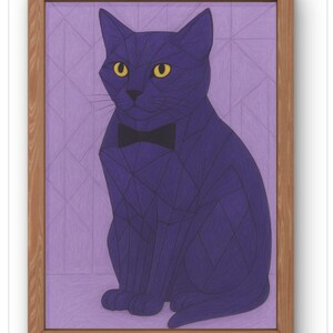 Stampa artistica geometrica di gatto viola - Illustrazione astratta moderna di felino - Elegante decorazione da parete con gatto con papillon. Disponibile in formato A5-A1