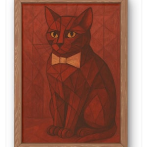 Stampa artistica geometrica di gatto rosso - Illustrazione astratta moderna di felino - Elegante decorazione da parete con gatto con papillon. Disponibile in formato A5-A1