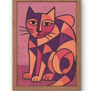 Modern Abstract Cat Art Print- Bold Geometric Pink and Purple Wall Decor-Available in A5-A1, Beautiful Cat Poster in Picasso Style