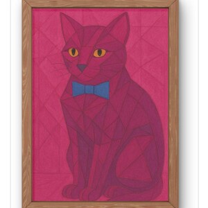 Stampa artistica geometrica di gatto rosa - Illustrazione astratta moderna di felino - Elegante decorazione da parete con gatto con papillon. Disponibile in formato A5-A1