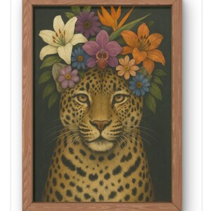 Stampa artistica da parete con leopardo e corona floreale multicolore - Stampa artistica con gatto selvatico - Decorazione con animali della giungla - Asilo nido Boho Woodland - Disponibile nei formati A5 - A1