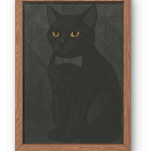 Stampa artistica geometrica di gatto nero - Illustrazione astratta moderna di felino - Elegante decorazione da parete con gatto con papillon. Disponibile in formato A5-A1