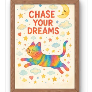 Stampa con gatto "Insegui i tuoi sogni" - Stampa da parete con gatto arcobaleno per cameretta dei bambini - Decorazione positiva per la cameretta dei bambini - Poster con animali stravaganti per neonati