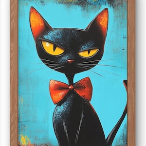 Gato negro caprichoso con pajarita: arte de pared colorido para dormitorio infantil o sala de juegos, decoración infantil, impresión para sala de juegos