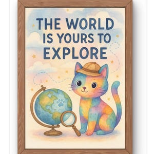 Die Welt gehört dir, Katze Druck-Regenbogen Katze Kinderzimmer Kunst-Abenteuer Kinderzimmer Dekor-wunderliches Forscher Poster
