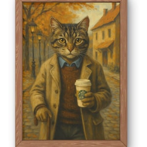Herbst Kaffee Katze Kunstdruck-Gemütliche getigerte Katze im Herbstmantel mit Latte