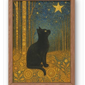 Stampa artistica mistica del gatto nero - Foresta incantata con stella dorata - Stampa artistica da parete con gatto notturno stravagante A5 - Stampa fisica A1