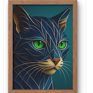 Geometric Cat, Art Print- Modern Abstract Blue Cat Wall Decor- Green Eyes Cat Illustration- Minimalist Feline Poster - Cat Lover Gift