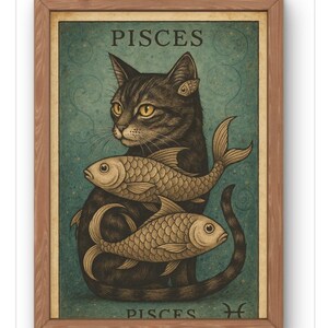 Pisces Cat Zodiac Art Print- Vintage A strology Cat Wall Art for Pisces Season- Whimsical Horoscope Decor- Cat Lovers Gift