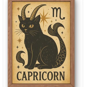 Capricorn Cat Zodiac Art Print- Vintage A strology Cat Wall Art for Capricorn Season- Whimsical Horoscope Decor- Cat Lovers Gift