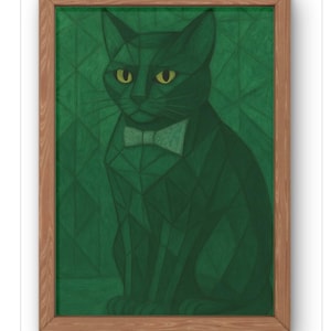 Stampa artistica geometrica di gatto verde - Illustrazione astratta moderna di felino - Elegante decorazione da parete con gatto con papillon. Disponibile in formato A5-A1