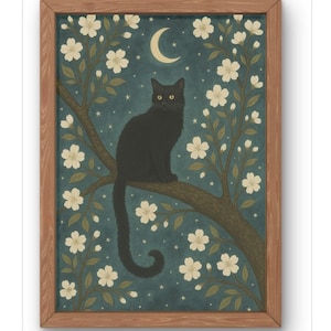 Mondschein schwarze Katze Wandkunst - Nachthimmel Blumen Katzendruck - Himmlische Katze Poster - Magischer Katzenliebhaber Dekor - Dunkle botanische Katzen Zeichnung