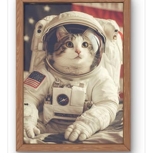 Arte murale con gatto astronauta - Divertente soriano in tuta spaziale con bandiera americana, decorazione a tema spaziale Disponibile nei formati A5-A1
