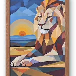 Stampa artistica da parete con leone geometrico - Illustrazione astratta di un grande felino con un tramonto audace - Decorazione moderna della fauna selvatica per gli amanti della natura e degli animali