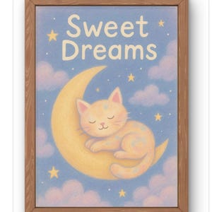 Stampa per cameretta con gatti "Sweet Dreams" - Decorazione murale con gattino pastello sulla luna - Decorazione da sogno per la cameretta dei bambini - Stampa di animali rilassante per la camera dei bambini