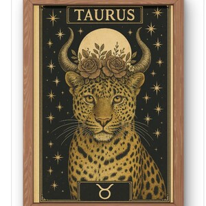Arte murale con il segno zodiacale del Toro - Stampa astrologica del gatto selvatico - Regalo del Toro per lui o per lei - Poster del grande felino celeste - Decorazione del segno di terra - Disponibile in formato A5-A1