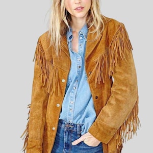 Suede Fringe Jacket Women – Vintage Western Cowgirl Coat, Brown Boho Tassel Outerwear, Retro Festival Rodeo Style Outfit