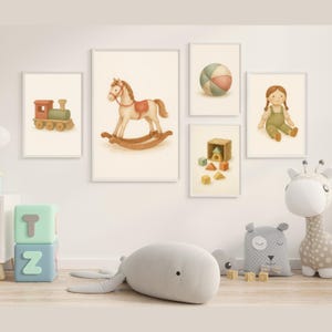 Set of 10 printable watercolor vintage toy prints – Children&#39;s room wall posters – Baby boy and girl room decor PDF