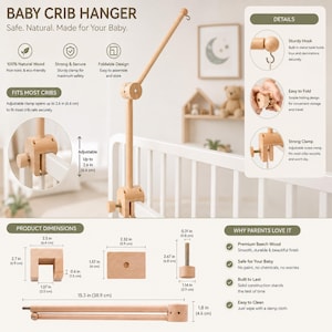 Puede incluir: Un soporte de madera clara para cuna de beb&eacute; con una abrazadera ajustable que se abre hasta 6,6 cm. La estructura incluye un gancho de metal resistente, un dise&ntilde;o plegable para almacenamiento y un mecanismo de tornillo. Dimensiones indicadas en cm.