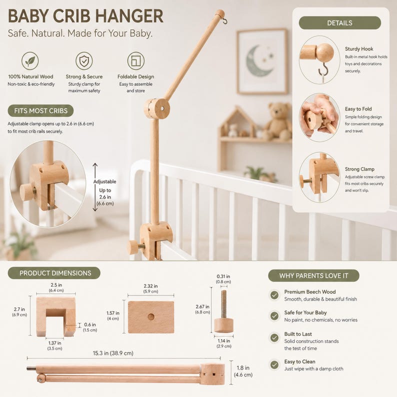 Puede incluir: Un soporte de madera clara para cuna de beb&eacute; con una abrazadera ajustable que se abre hasta 6,6 cm. La estructura incluye un gancho de metal resistente, un dise&ntilde;o plegable para almacenamiento y un mecanismo de tornillo. Dimensiones indicadas en cm.
