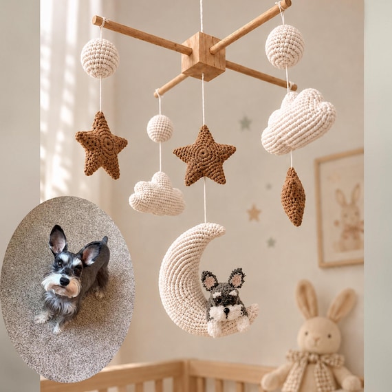 Custom Dog Baby Mobile, Handmade Moon Baby Mobile, Hot Air Balloon Baby Mobile , Crocheted Dog Cat, Neutral Nursery, Baby Shower Gift