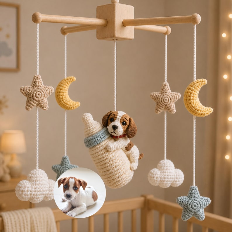 Puede incluir: Un m&oacute;vil de cuna con estructura de madera clara y cuerdas blancas que sostienen figuras de ganchillo: dos estrellas beige, dos lunas crecientes amarillas, dos nubes blancas, dos estrellas azules y un cachorro abrazando un biber&oacute;n.