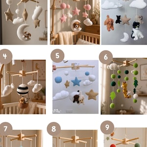 Puede incluir: Una colecci&oacute;n de nueve m&oacute;viles para beb&eacute; colgantes con figuras de ganchillo suspendidas de marcos de madera. Los dise&ntilde;os incluyen animales, estrellas, lunas, nubes, planetas, cohetes y arco&iacute;ris en varias paletas de colores, numerados del uno al nueve.