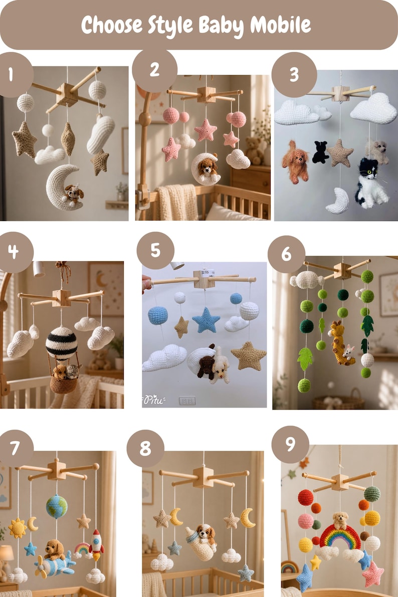 Puede incluir: Una colecci&oacute;n de nueve m&oacute;viles para beb&eacute; colgantes con figuras de ganchillo suspendidas de marcos de madera. Los dise&ntilde;os incluyen animales, estrellas, lunas, nubes, planetas, cohetes y arco&iacute;ris en varias paletas de colores, numerados del uno al nueve.