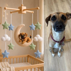Puede incluir: Un m&oacute;vil de cuna con marco de madera y cuerdas blancas que suspenden elementos de ganchillo, incluyendo una luna creciente, un cachorro marr&oacute;n, nubes blancas y estrellas azul claro y verde salvia, junto a un perro marr&oacute;n con collar.