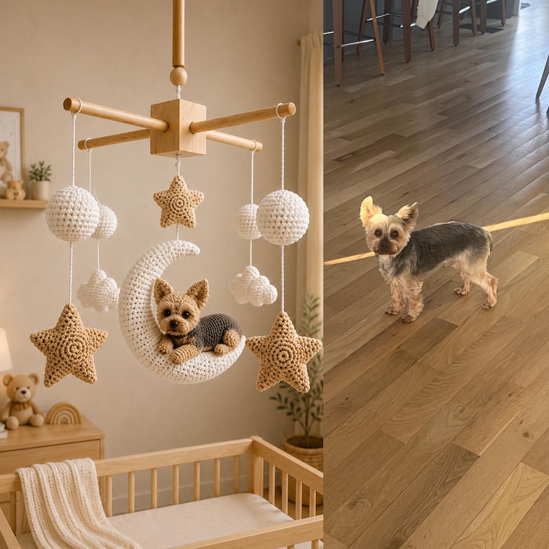 Puede incluir: Un m&oacute;vil colgante para cuna con marco de madera en cruz, esferas blancas de ganchillo, nubes blancas, estrellas de ganchillo color canela y una luna creciente blanca central que sostiene una peque&ntilde;a figura de perro Yorkshire de ganchillo.