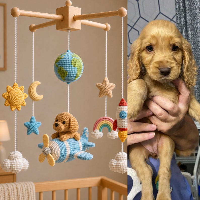 Puede incluir: Un m&oacute;vil de madera para beb&eacute; con elementos de ganchillo que incluyen un globo terr&aacute;queo, un sol, una luna, estrellas, un arco&iacute;ris, nubes y un cohete, con un cachorro de ganchillo central sentado en un avi&oacute;n azul y blanco, suspendido por cordones blancos.