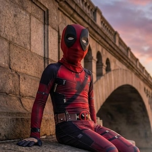 May include: A red and black Deadpool costume with a mask, belt, and gloves. The costume is worn by a person sitting on a stone wall. A bridge and water are in the background, with a colorful sunset.