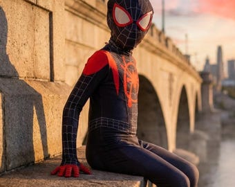 Kids Miles Spider Costume – Black Superhero Cosplay Bodysuit, Spider Boy Suit, Halloween Dress Up Outfit for Kids