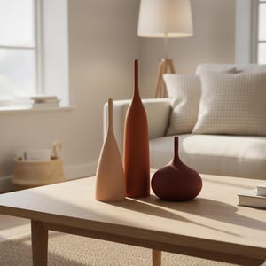 Op de afbeelding: Drie decoratieve vazen in verschillende tinten terracotta en perzik staan op een lichte houten salontafel. De vazen hebben een minimalistisch ontwerp, met langwerpige en afgeronde vormen. De achtergrond toont een bank, een lamp en een raam.