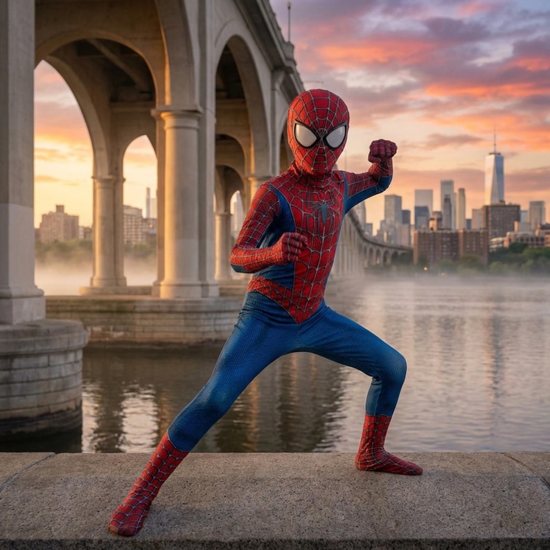 Kids superhero costume with web pattern and full bodysuit design