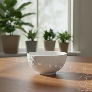 Puede incluir: Un cuenco de cerámica blanca con patrones florales en relieve y la palabra "Ceramiquelle" en el lateral. El cuenco está sobre una mesa de madera, con plantas en macetas al fondo.