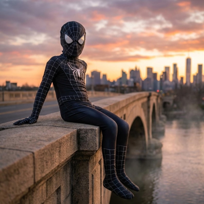 May include: A black Spider-Man costume with a white spider emblem on the chest and a web pattern. The costume includes a mask, gloves, and leggings. The person is sitting on a stone bridge with a city skyline in the background.