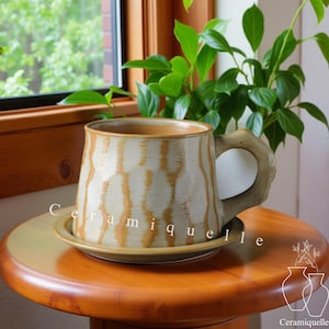 Handmade Striped Ceramic Mug with Saucer: Rustic Stoneware Coffee Cup